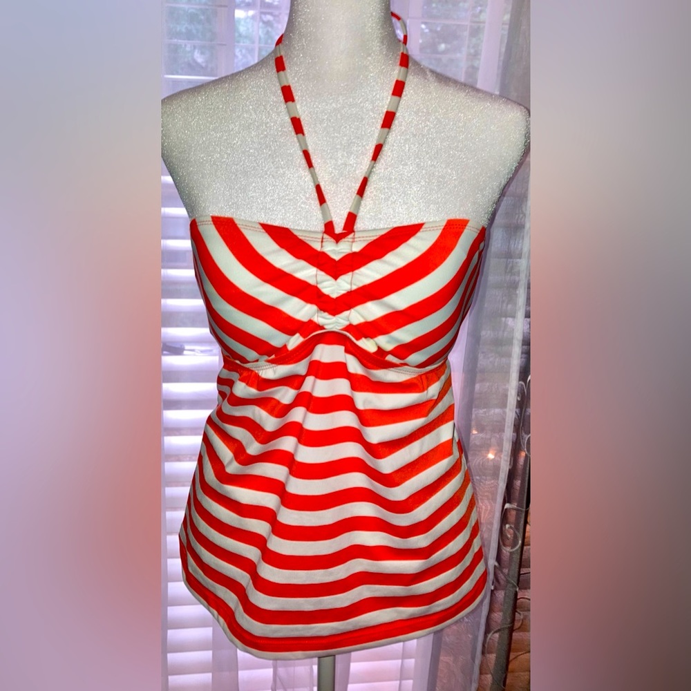 Mossimo Women’s Orange and White Striped Halter Spaghetti Strap Tankini M EUC